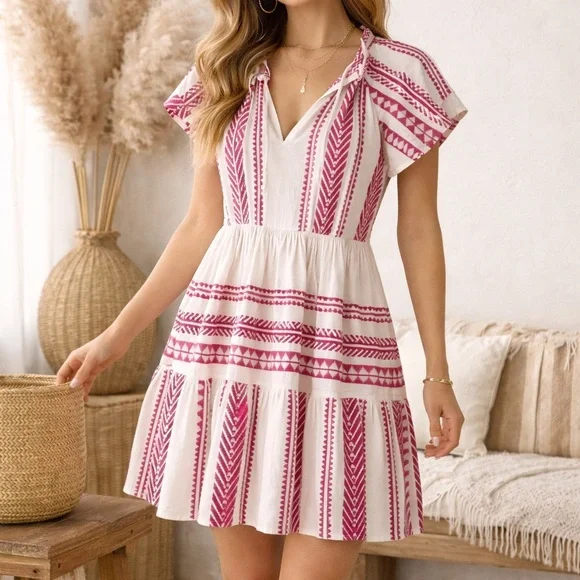 Sofia Hansel Boho Embroidered Geometrid Mini Dress in Hot Pink - Picture 8 of 8
